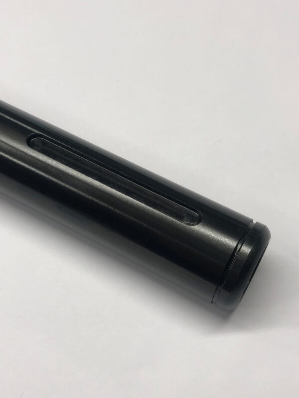 Close-up of an Axles - Standard Wall Steel 1-1/4" x 3/16", which is a black cylindrical object with a narrow rectangular cutout along its side, placed against a plain white background.