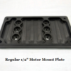 A black motor mount plate featuring multiple screw holes is displayed against a plain background. Below it, text reads "Motor Mounts - 8? w Standard 1/2" Plate - International Clamps".