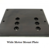 An 8-inch wide motor mount plate in black, featuring six circular holes and four corner screw holes, against a white background. This item is known as the "Motor Mounts - 8? w Standard 1/2" Plate - International Clamps".