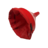 The Fill Fast Funnel w Outerwear, featuring a bold red color and constructed from plastic, showcases its flexible and collapsible design against a white background.