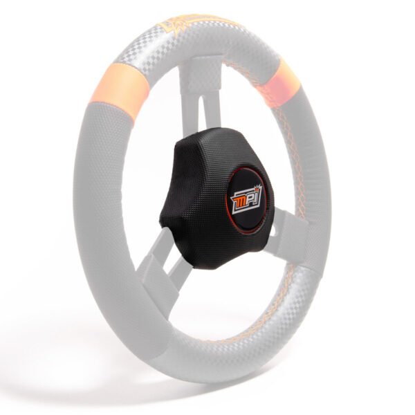 The Max Papis Steering Wheel Quarter Midget & Flat Modified Center Pad features a textured grip, orange accents, and proudly displays the MPI logo on the center hub.