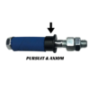 A blue polyurethane material with a metallic cap, attached to a bolt assembly, labeled "Rear Bumper Bushing - Axiom & Pursuit" with a black arrow pointing to the black washer.