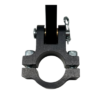 Close-up of a black metal clamp with two bolts and a pin securing a vertical rod. The Billet Aluminum Pedal Assembly 1" Rail WITH Heel Rests - SHORT features a circular opening designed to hold a cylindrical object securely in place.