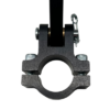 Close-up view of the Billet Aluminum Pedal Assembly 1" Rail NO Heel Rests - SHORT, featuring a black metal clamp with bolts and a pin, designed to secure a cylindrical object.