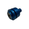 A blue metallic cylindrical object with a bearing inside, known as a Wheel Balancer Threaded Hub Adapter.
