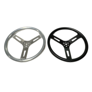 Two Round 14" Steering Wheels, one in silver and one in black, each designed with three spokes and featuring multiple circular holes in the center.