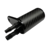 A Carbon Fiber Oil Catch Can in black, featuring a cylindrical design with two nozzle connectors and an attached mounting bracket that includes a hole for easy installation.