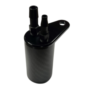 Carbon Fiber Oil Catch Can, black, with two hose fittings and a mounting bracket.