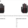 **Gloves - Max Papis MPI Flo Orange YOUTH size chart**: This chart displays two diagrams to illustrate how to measure hand size—circumference around the fingers at their widest point and length from the tip of the middle finger to the wrist. The size guide ranges from 4XS to 2XL with measurements provided in centimeters (cm).