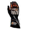 The Max Papis MPI Black ADULT racing gloves feature striking orange accents, with white and orange graphics on the fingers and palm, and proudly display the "MPI" logo on the wrist.