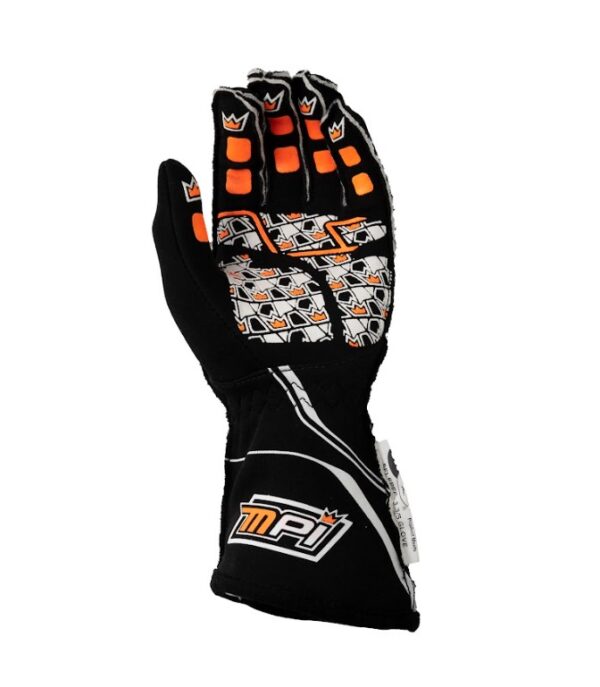 The Max Papis MPI Black ADULT racing gloves feature striking orange accents, with white and orange graphics on the fingers and palm, and proudly display the "MPI" logo on the wrist.