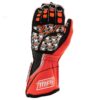 A youth racing glove by Max Papis MPI, featuring a vibrant combination of red and black with orange accents, intricate black and white geometric patterns, and a prominently displayed "MPI" logo on the wrist.