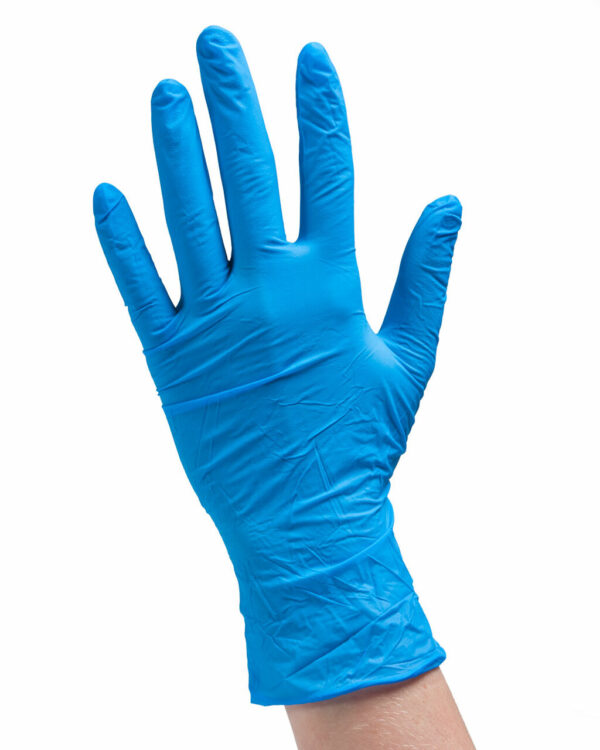 A hand wearing a Disposable Nitrile Glove - LG against a white background is raised.