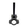 A Billet Aluminum Pedal Assembly 1" Rail WITH Heel Rests - TALL, featuring a black metallic clamp with a circular opening and an attached vertical rod, viewed from the front against a white background.