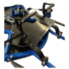 Close-up view of the Junior Pedal Kits - Elevate Chassis 1" Rail in black and blue, showcasing metal rods, brackets, and bolts, likely part of machinery or equipment.